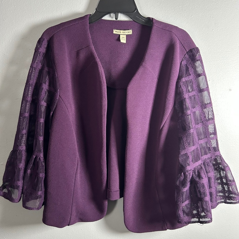 Maya Brooke rich plum, sheer bell sleeve blazer, plus size‎ 16W